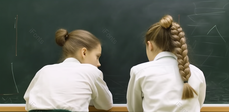 两个女孩学生正坐在教室的一张桌子前探讨学习问题摄影背景,高清,摄影图,摄影图片,图片大全,摄影图免费下载
